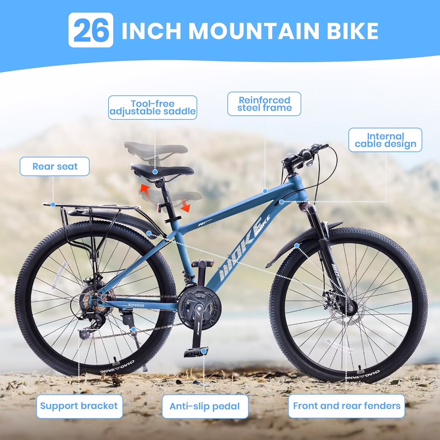 26 Inch Mountain Bike for Men, NEORIVER 21-Speed Men's Mountain Bike with Suspension Fork, Dual Disc Brakes, Rear Rack & Internal Cable - Image 3