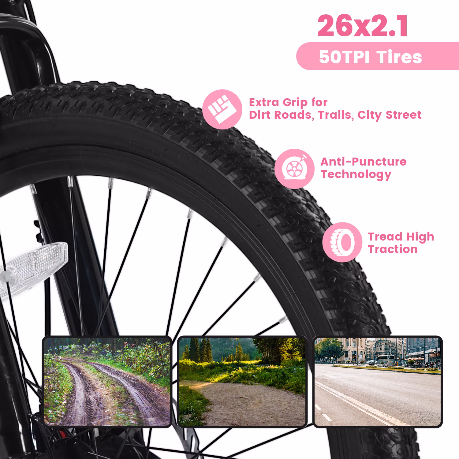 26 inch Women Mountain Bike, 21 Speeds Mountain Bicycle with Steel Frame, Dual Disc Brakes and 100mm Front Suspension, MTB Bike for Urban Trail Snow Commuter, Pink - Image 3