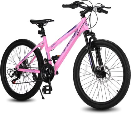 26 inch Women Mountain Bike, 21 Speeds Mountain Bicycle with Steel Frame, Dual Disc Brakes and 100mm Front Suspension, MTB Bike for Urban Trail Snow Commuter, Pink