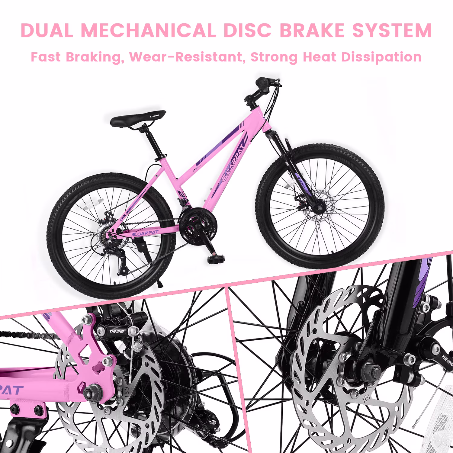 26 inch Women Mountain Bike, 21 Speeds Mountain Bicycle with Steel Frame, Dual Disc Brakes and 100mm Front Suspension, MTB Bike for Urban Trail Snow Commuter, Pink - Image 2