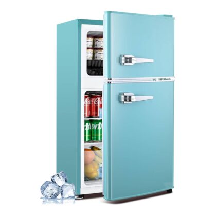 3.2 Cu.Ft Mini Fridge with Freezer Compact Refrigerator Single Door Adjustable Thermostat Energy-efficient Low Noise For Bedroom, Office, Kitchen, Light Blue