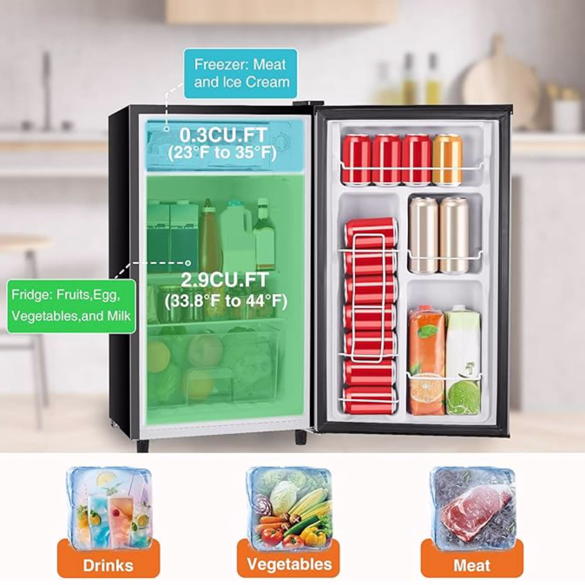 3.2 Cu.Ft Mini Fridge with Freezer Single Door Small Refrigerator with Adjustable Thermostat for Apartment,Dorm, Office, Silvery - Image 3