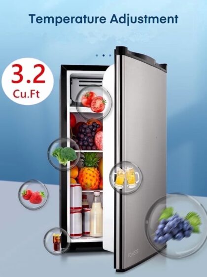 3.2 Cu.ft Mini Refrigerator with 7 Temp Control, FOHERE Compact Fridge with Freezer, Low Noise, Stainless Steel