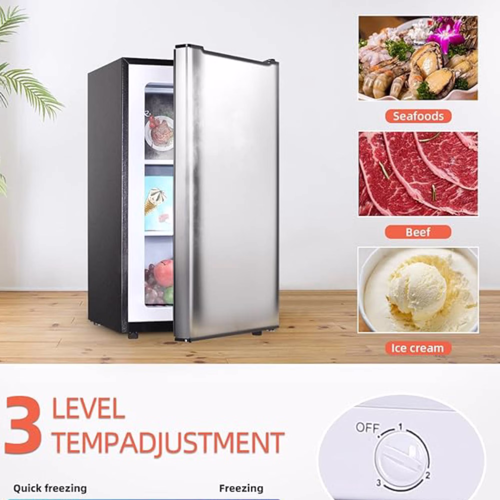 3.2 Cu.FtUpright Freezer, Single Door Mini Freezer,Adjustable Thermostat, Compact Refrigerator for Bedroom, Dorm, Silvery - Image 3