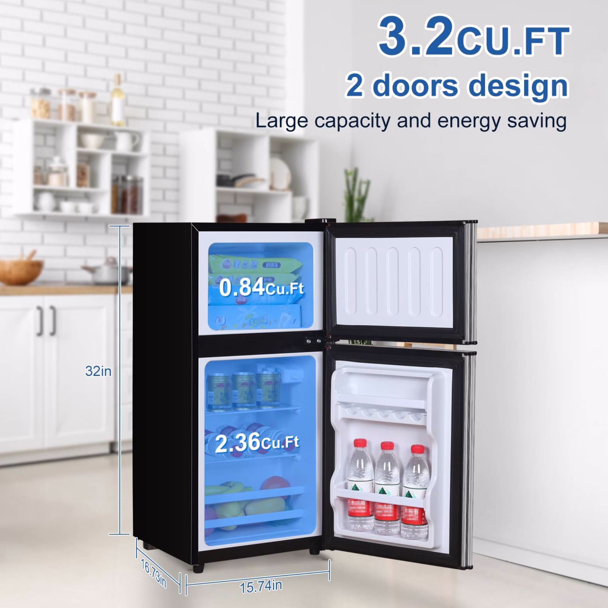 3.5 Cu.Ft Mini Fridge Freezer, 2 Door Compact Refrigerator, 7 Level Adjustable Adjustable Shelf, Thermostat Freezer Fridge for Living Room, Kitchen and Apartment, Silvery - Image 5