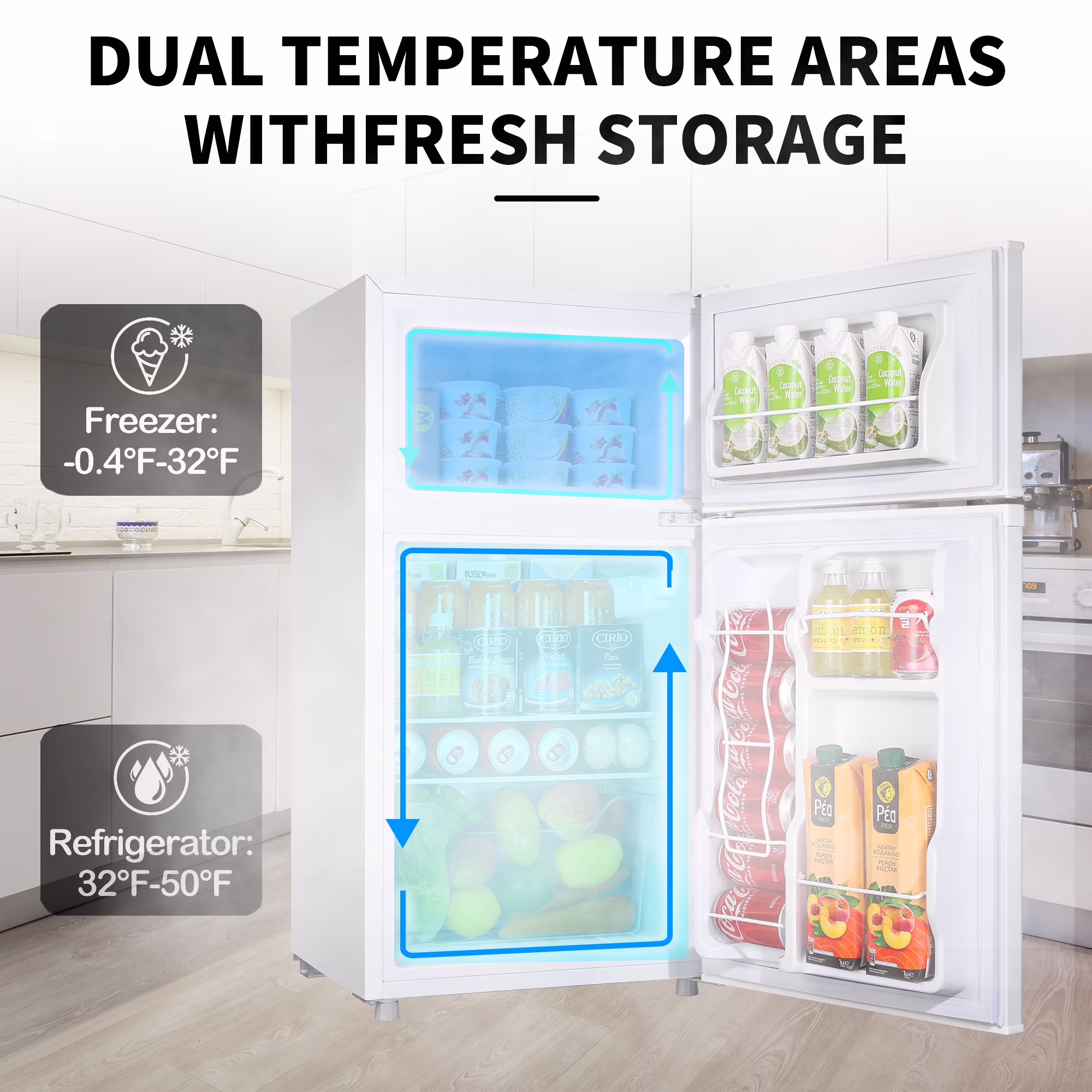 3.5Cu.ft Two Door Mini Fridge with Freezer,7 Adjustable Thermostat,17.9*17.5*34.7 inches,Apartment Size Refrigerator,White,New - Image 3