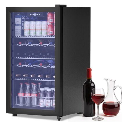 3.8 Cu.ft Beverage Refrigerator Cooler,90 Can Drink Fridge with Glass Door,Frost-Free,Digital Touch,Freestanding for Home,Office & Bar