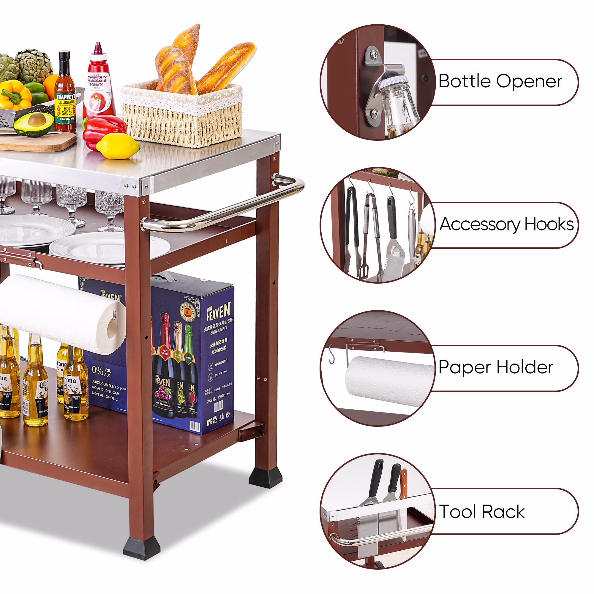 3-Shelf Outdoor Grill Table, Grill Cart Pizza Oven Table for Outside, Movable Prep Cart, Indoor & Outdoor Cooking Station, Grill Cart with Wheels, Metal Work Table for Ooni Blackstone Griddle,Coffee - Image 2