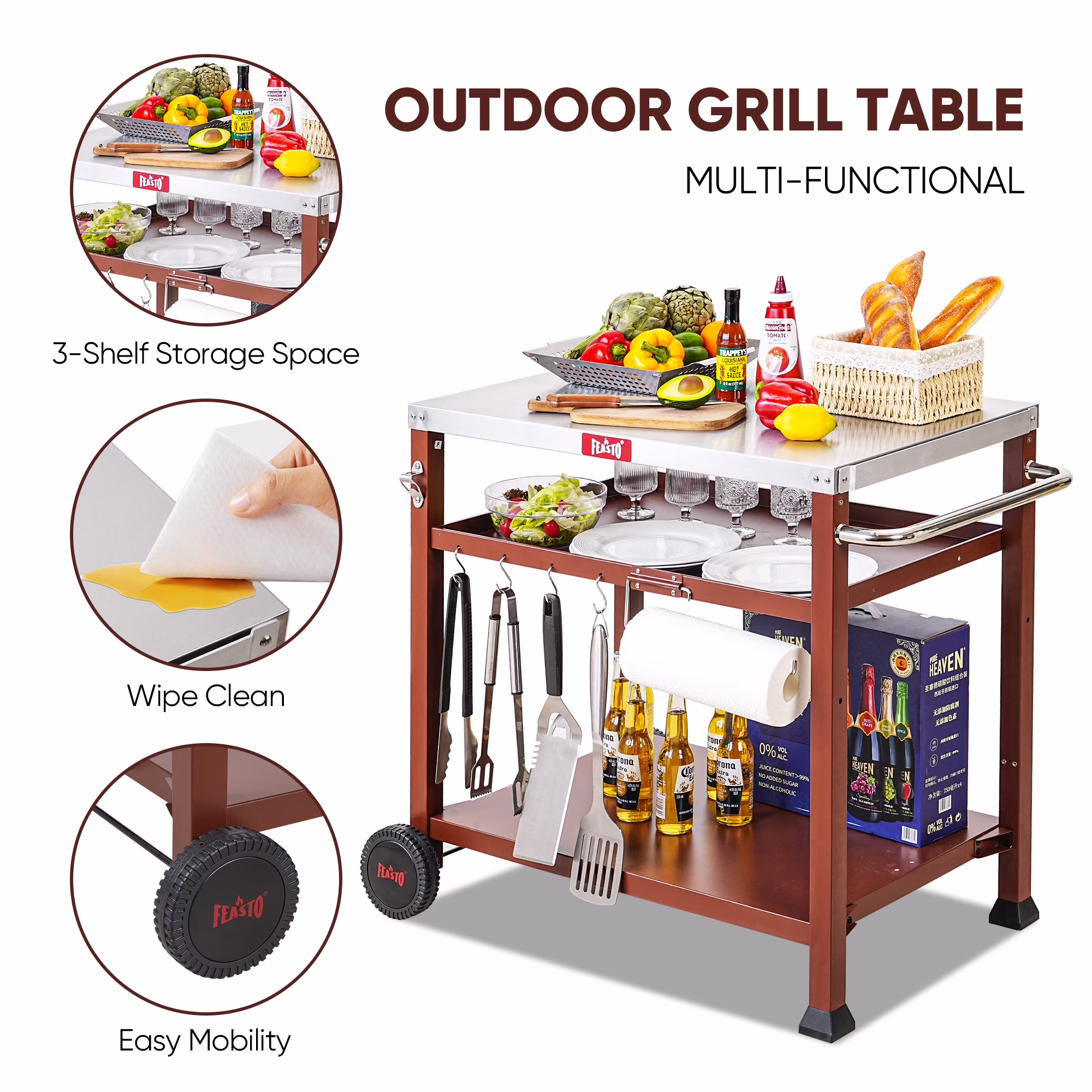 3-Shelf Outdoor Grill Table, Grill Cart Pizza Oven Table for Outside, Movable Prep Cart, Indoor & Outdoor Cooking Station, Grill Cart with Wheels, Metal Work Table for Ooni Blackstone Griddle,Coffee - Image 5