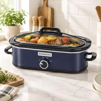 4-quart Slow Cooker With Casserole Manual Warm Setting - Kitchen Small Appliance For Family Dinners Dishwasher Safe Crock Blue