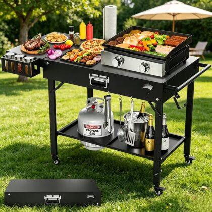 46"x22"x29" Outdoor BBQ Cart, Pizza Oven Table, Fits Blackstone Baking Pan, Pizza Oven Stand, Folding Cart Table with Wheels, Suitable for Backyard and Outdoor (Black)