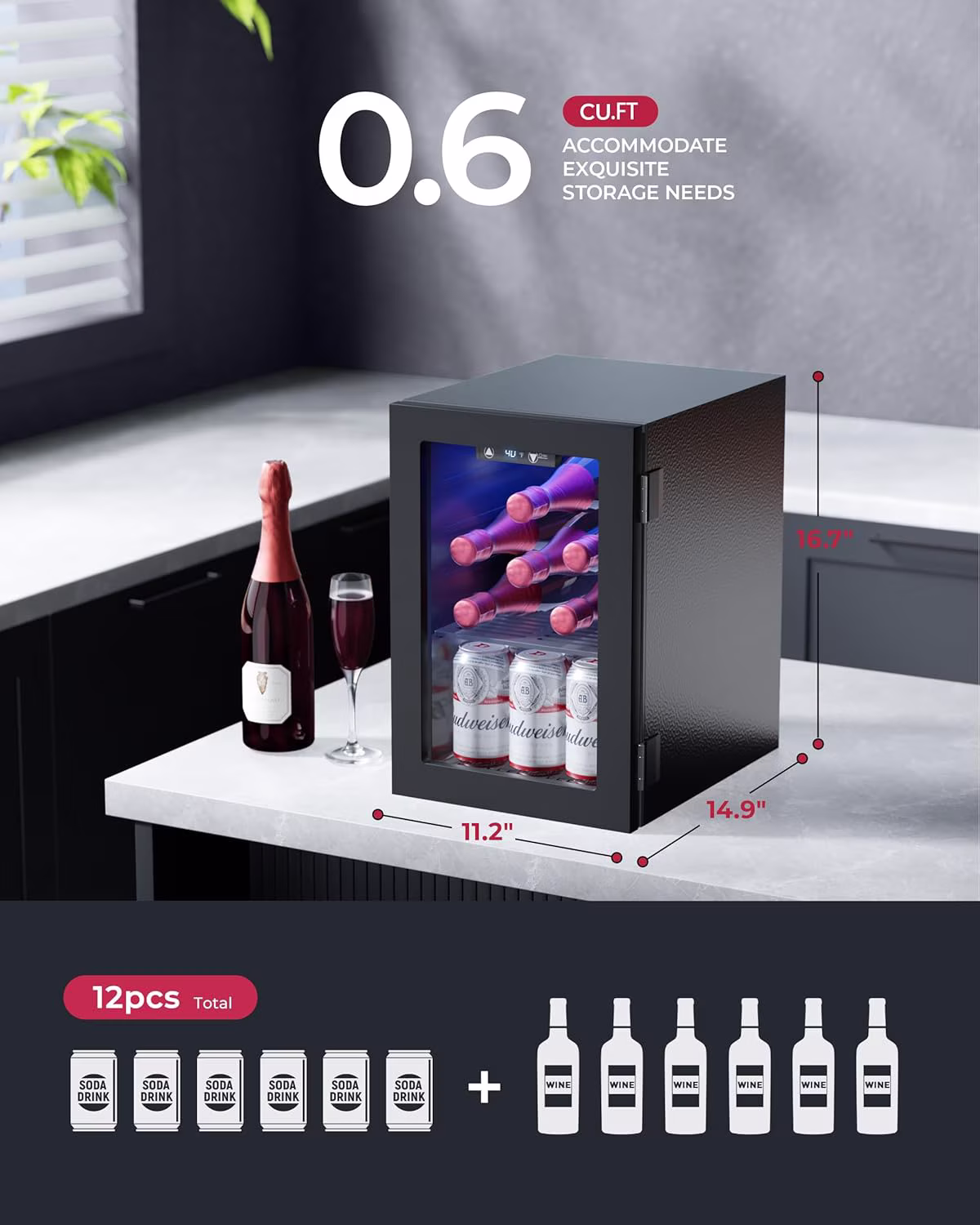 6 Bottles and 6 Cans Compact Beverage Refrigerator, Freestanding Mini Fridge with Temperature Control for Beer Wine, Under Counter Small Refrigerator Adjustable Shelve for Home and Bar - Image 5