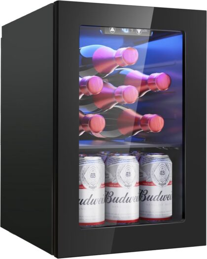 6 Bottles and 6 Cans Compact Beverage Refrigerator, Freestanding Mini Fridge with Temperature Control for Beer Wine, Under Counter Small Refrigerator Adjustable Shelve for Home and Bar