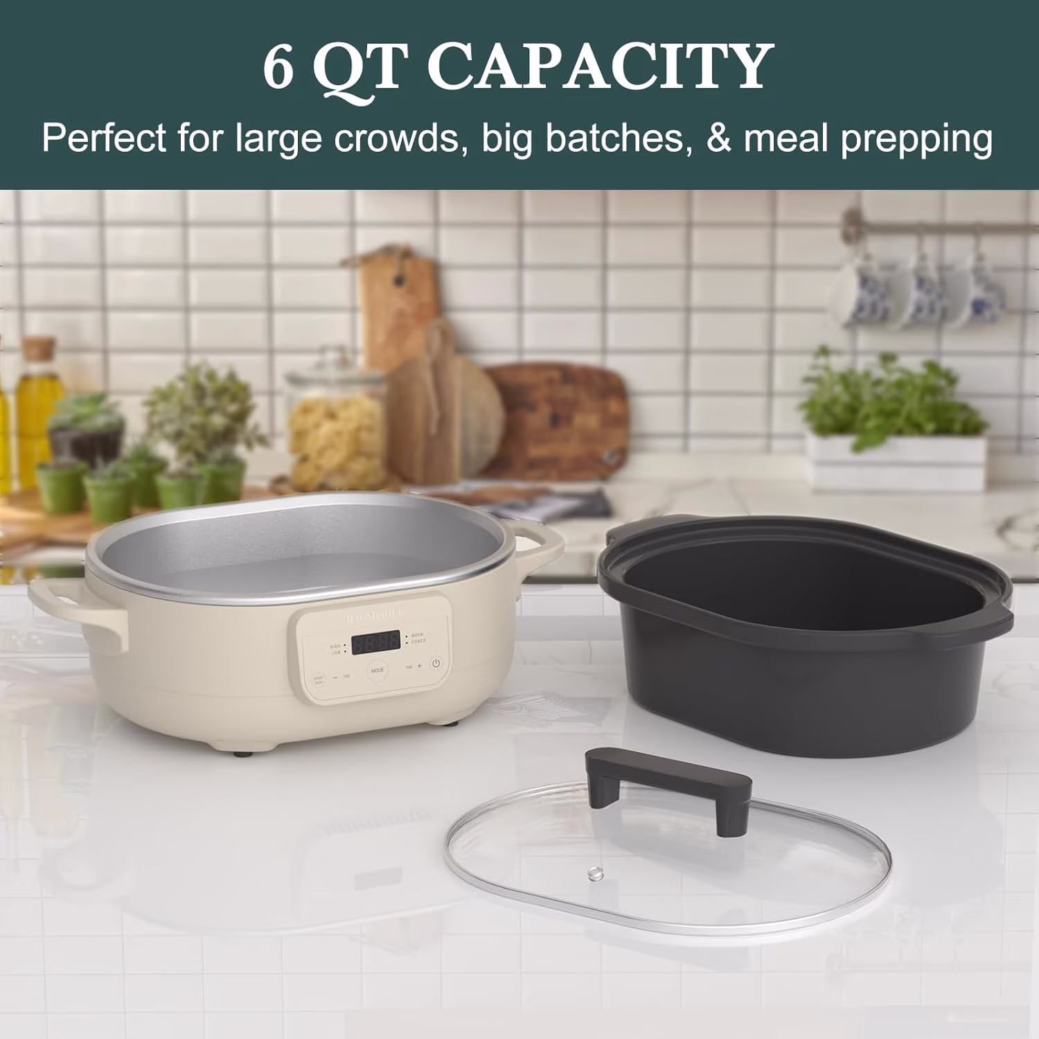 6 Quart Programmable Slow Cooker Removable Healthy Nonstick Pot - Small Kitchen Appliance for Family Dinners - Serves 6+ People - Heat Settings: Keep Warm Oatmeal - Image 2