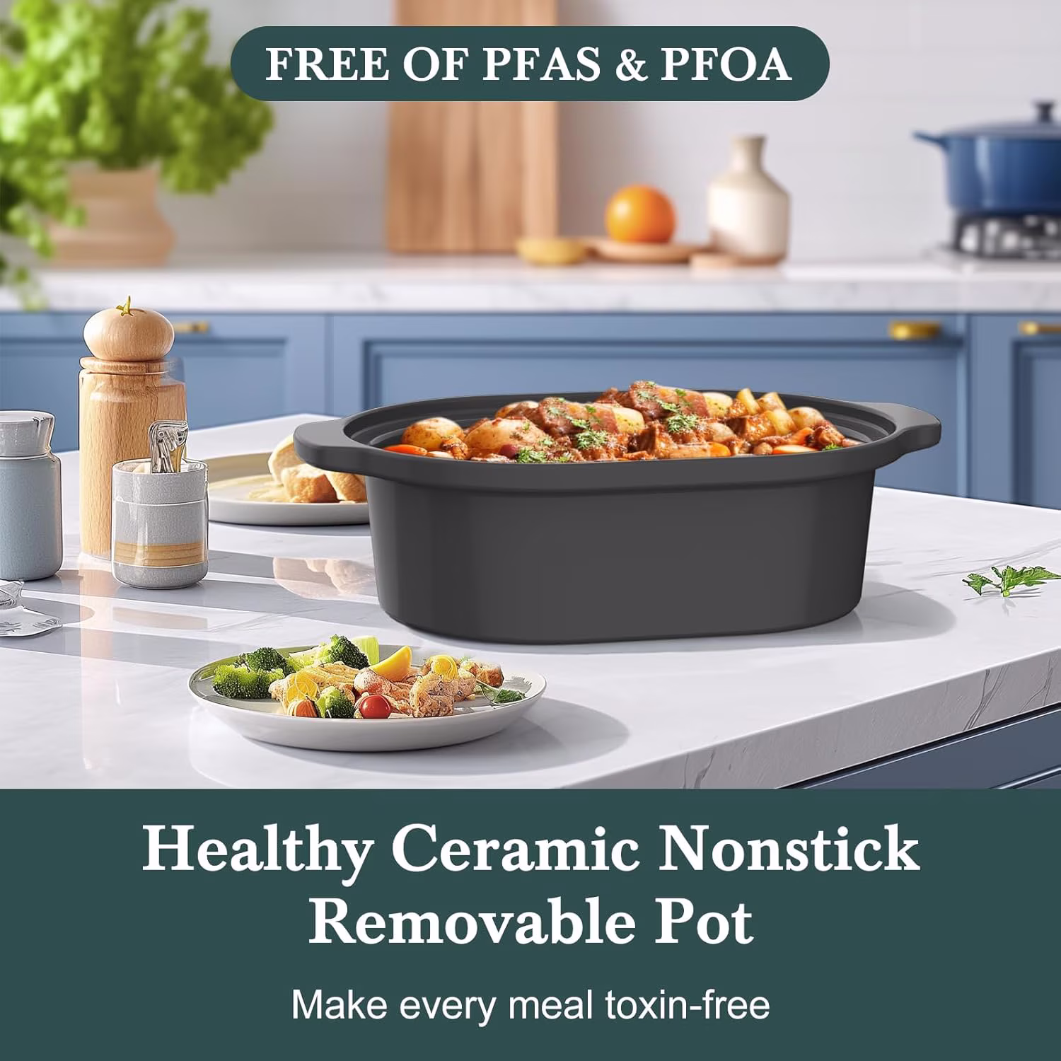 6 Quart Programmable Slow Cooker Removable Healthy Nonstick Pot - Small Kitchen Appliance for Family Dinners - Serves 6+ People - Heat Settings: Keep Warm Olive - Image 5