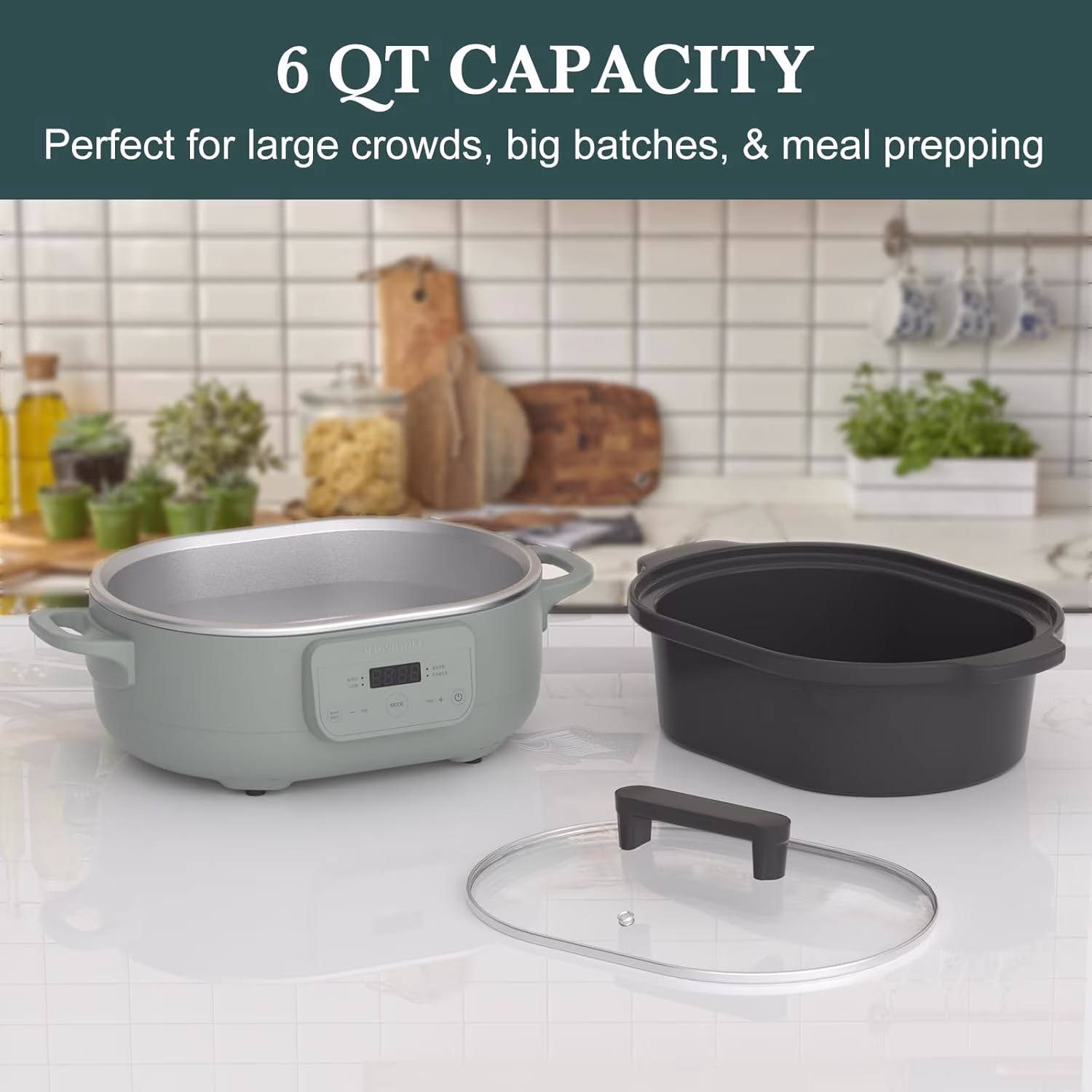 6 Quart Programmable Slow Cooker Removable Healthy Nonstick Pot - Small Kitchen Appliance for Family Dinners - Serves 6+ People - Heat Settings: Keep Warm Olive - Image 3
