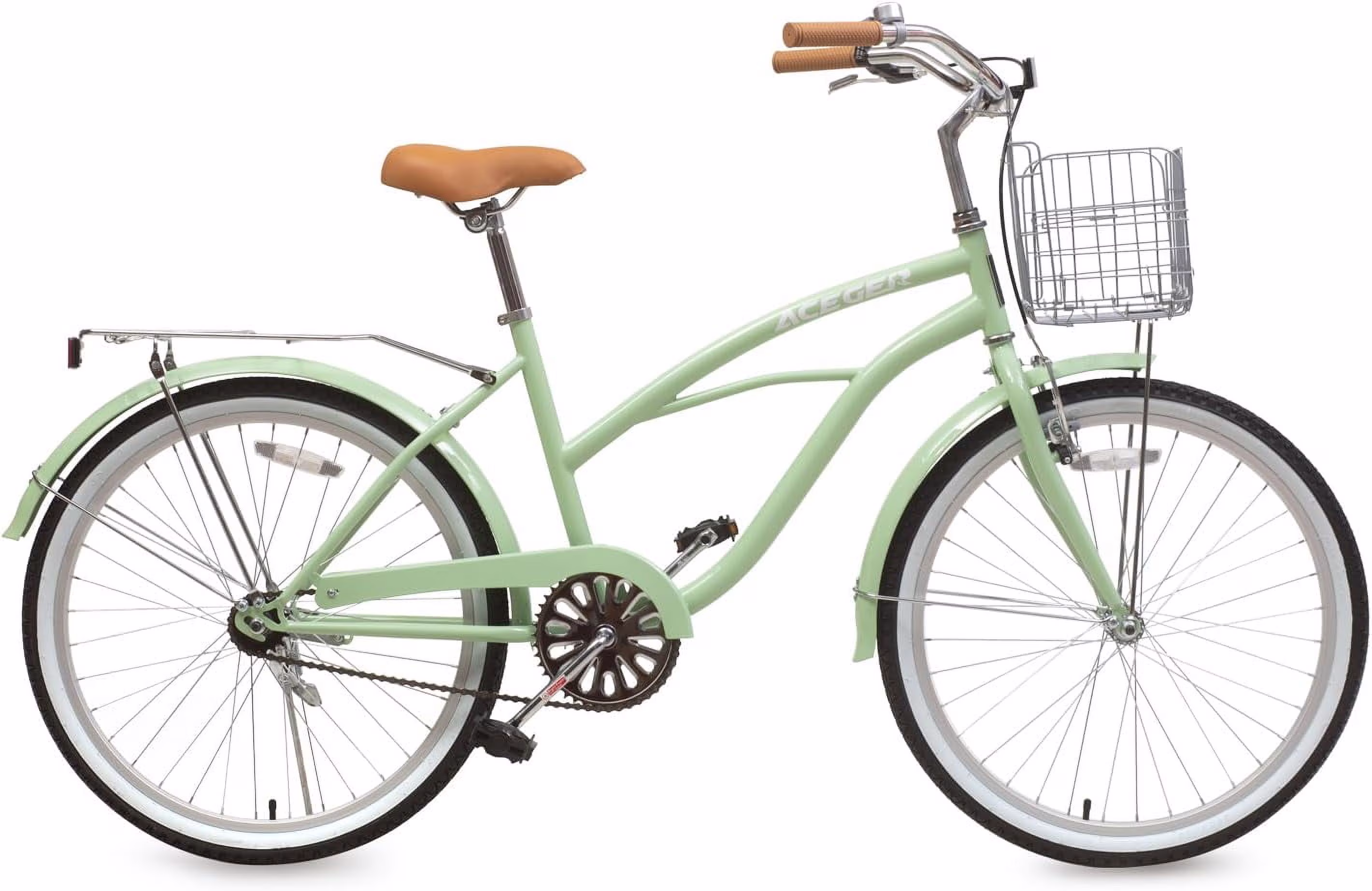 ACEGER 24 inch woman cruiser bike single speed bicycle with rattan basket and rear rack, Green - Image 3