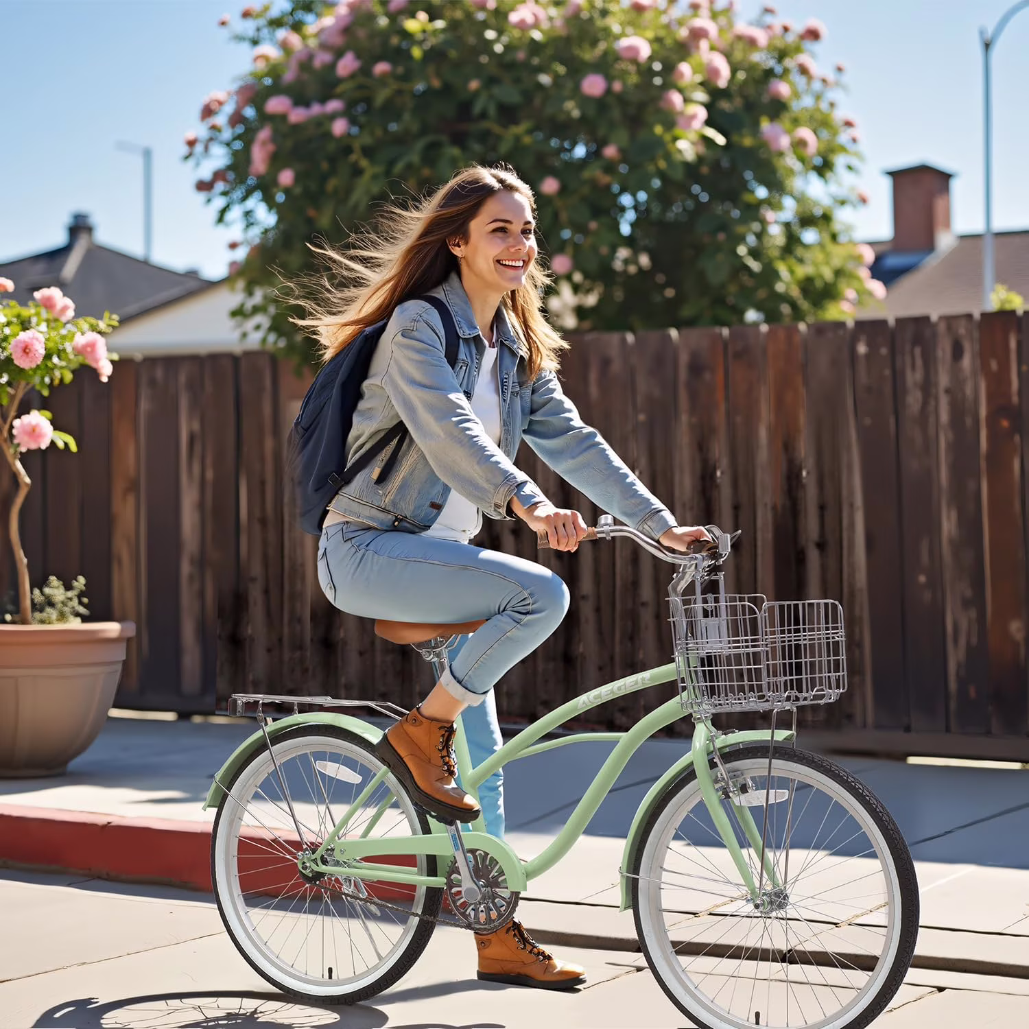 ACEGER 24 inch woman cruiser bike single speed bicycle with rattan basket and rear rack, Green - Image 5