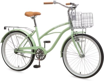 ACEGER 24 inch woman cruiser bike single speed bicycle with rattan basket and rear rack, Green