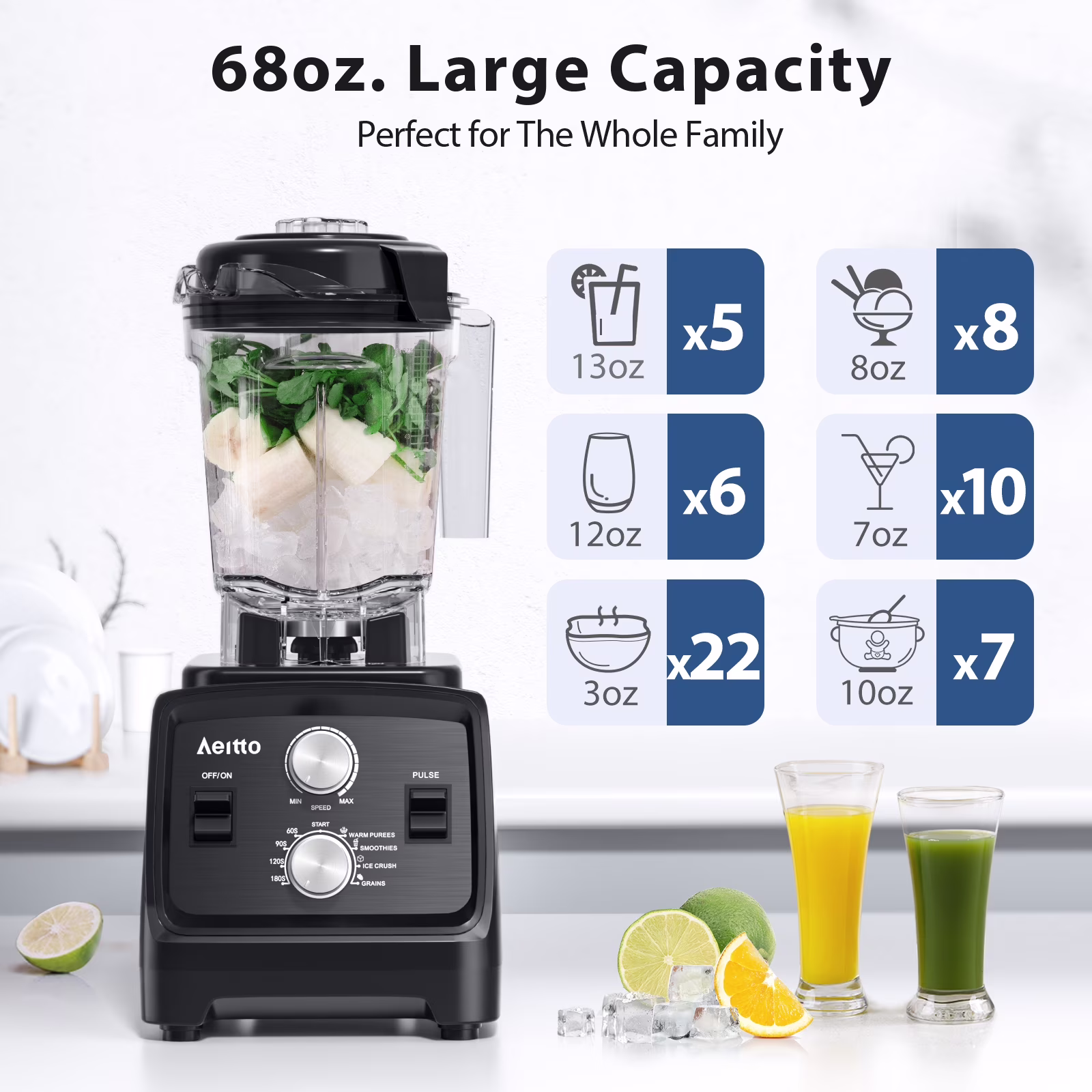 Aeitto Blender, Blenders for Kitchen with 1800W Motor, 68oz. Large Capacity, 2-in-1 Blender & Grinder Combo, BPA-Free Countertop Professional Blender for Smoothies, Ice Crush, Frozen Drinks, Silver - Image 5