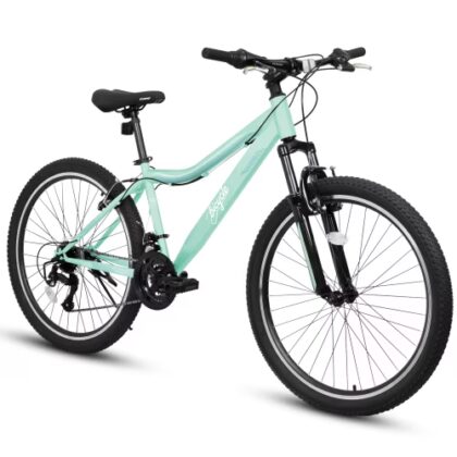 Aezusy 24 inch Wheel Mountain Bikes, 21-Speed Dual V-Brakes High-Density Carbon Steel Frame Bicycle 80% Pre-Assembled for Womens, Front Suspension, Green