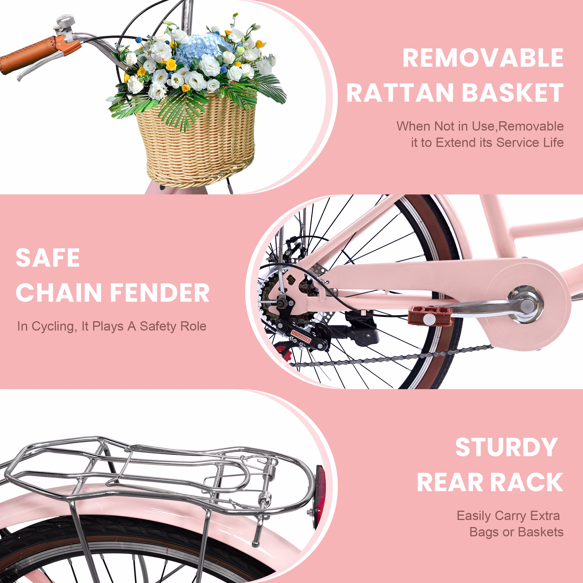 Akaber 24 Inch Beach Cruiser Bike for Women, 7 Speed Commuter Bicycle with Rattan Basket, Adjustable Seat, Lightweight Bike for Ladies, Pink - Image 4