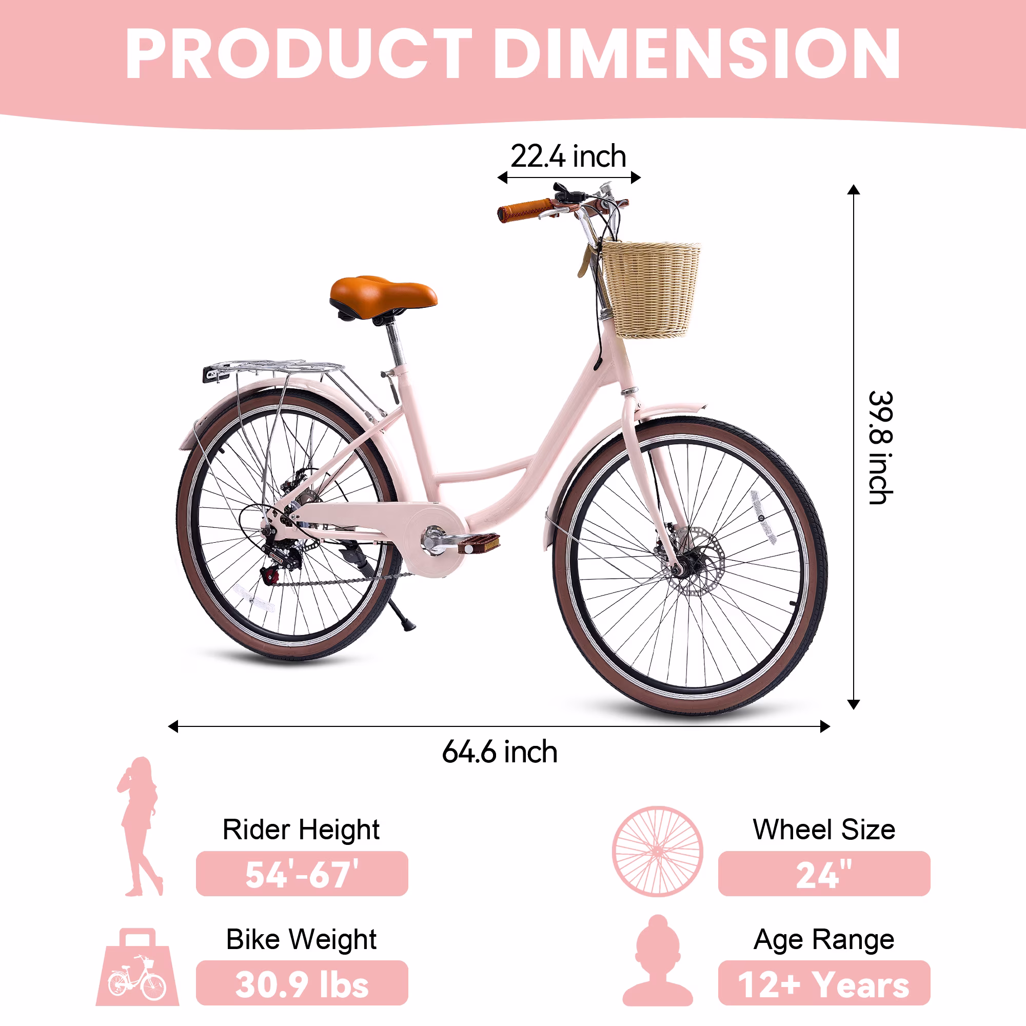 Akaber 24 Inch Beach Cruiser Bike for Women, 7 Speed Commuter Bicycle with Rattan Basket, Adjustable Seat, Lightweight Bike for Ladies, Pink - Image 3
