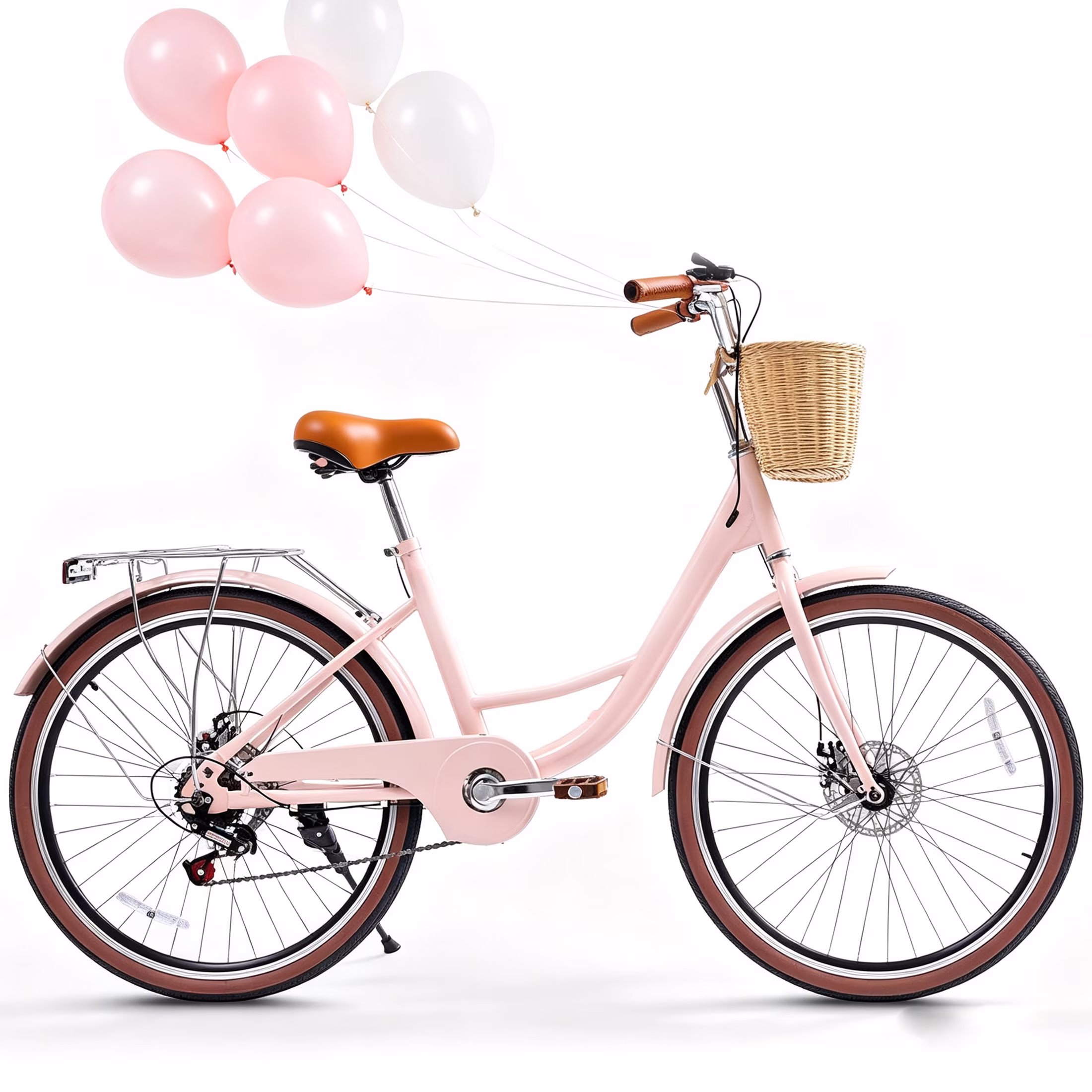 Akaber 24 Inch Beach Cruiser Bike for Women, 7 Speed Commuter Bicycle with Rattan Basket, Adjustable Seat, Lightweight Bike for Ladies, Pink