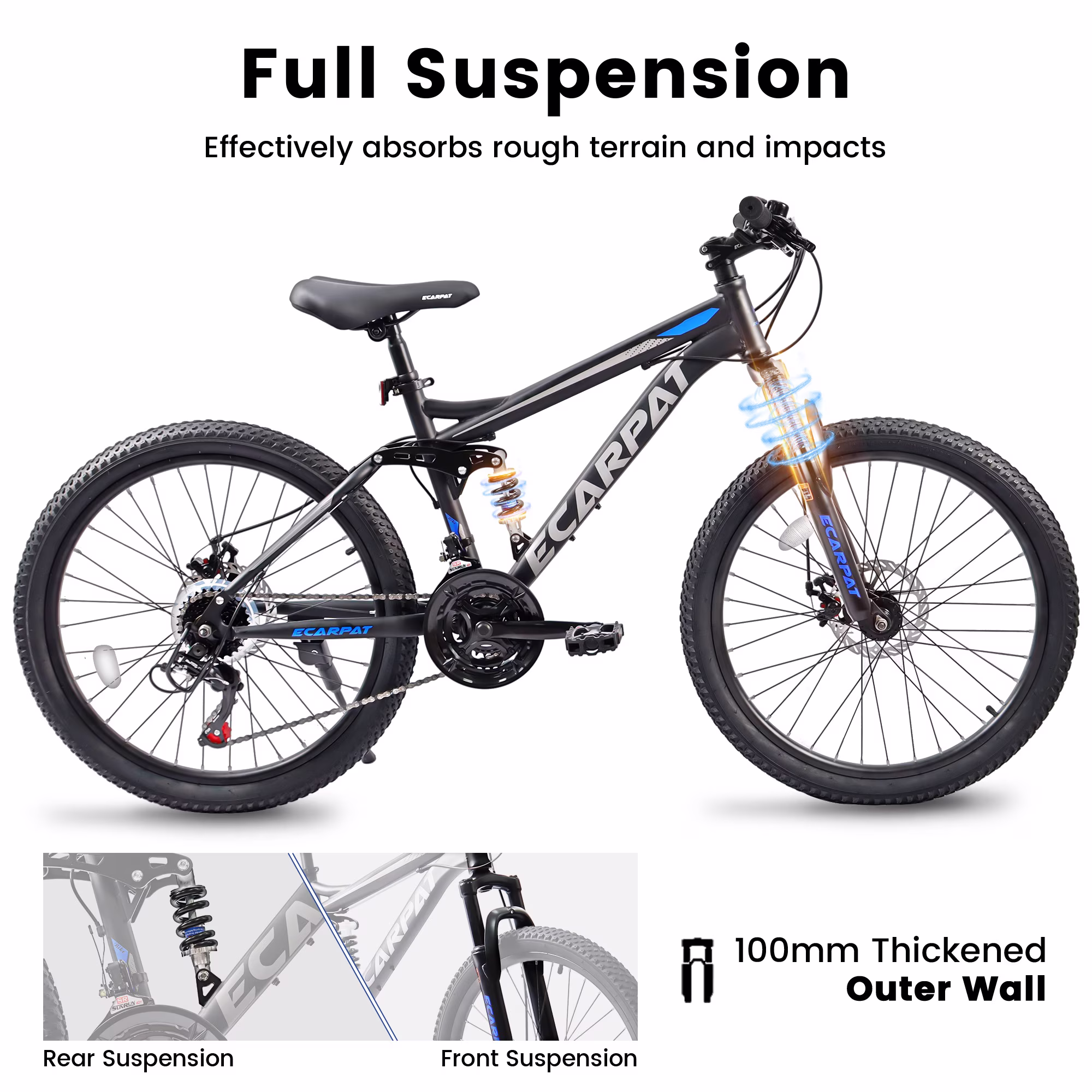 Alvantor 24" Mountain Bike, 21-Speed Full Suspension MtB with Disc Brakes - Black - Image 4