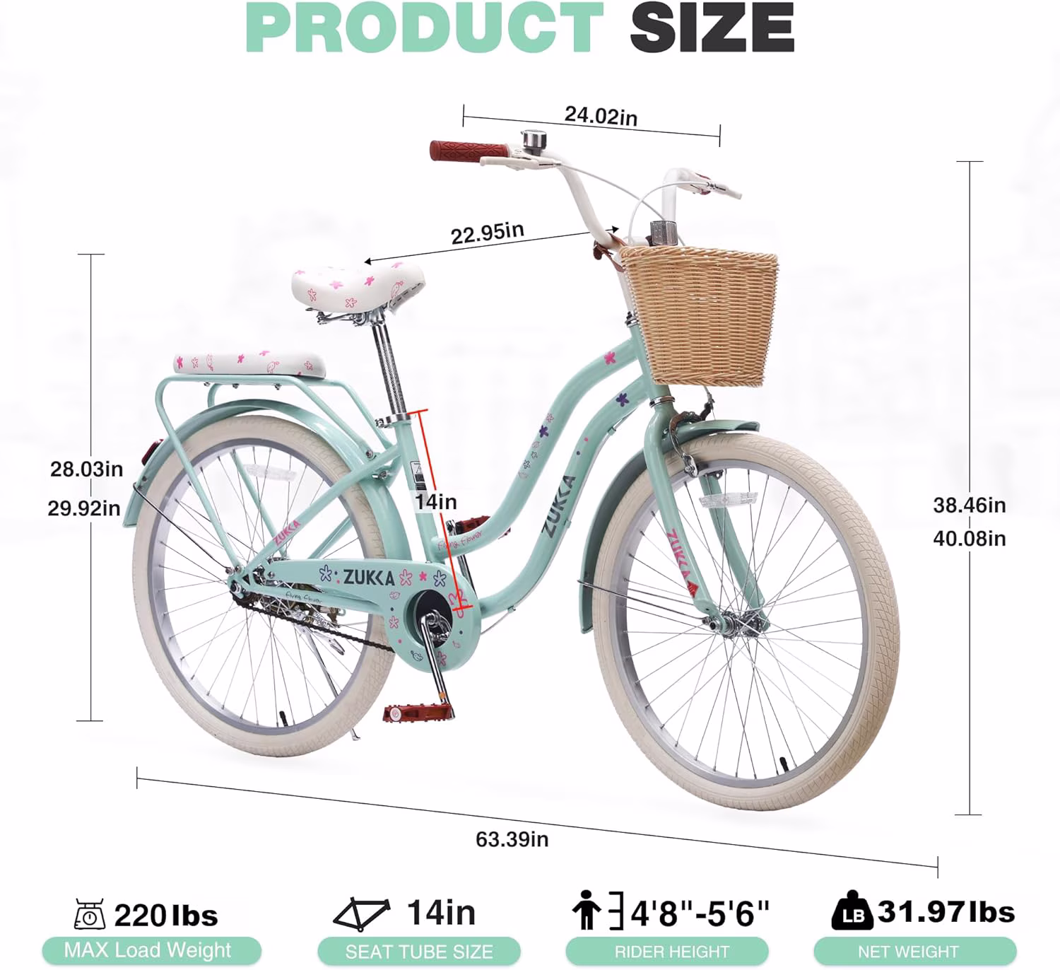 Ambifirner 24" Cruiser Bike - Shimano Single-Speed & Dual V-Brakes - Retro Steel Frame for Women with Brown Leather Saddle (Ocean Teal, 85% Pre-Assembled) - Image 3