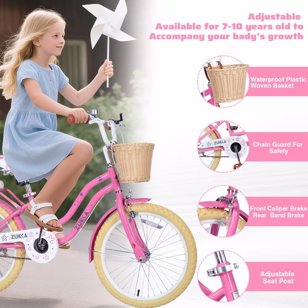 Ambifirner Bike:20 Inch Bike Princess Style Small Bicycle Adjustable Seat with Doll-Seat & Basket Pink - Image 5
