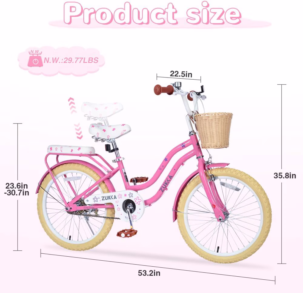 Ambifirner Bike:20 Inch Bike Princess Style Small Bicycle Adjustable Seat with Doll-Seat & Basket Pink - Image 2