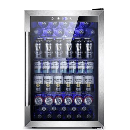 Auseo 150 Can Beverage Refrigerator Cooler with Stainless Steel Frame,Drink Fridge with Glass Door & Handle for Home