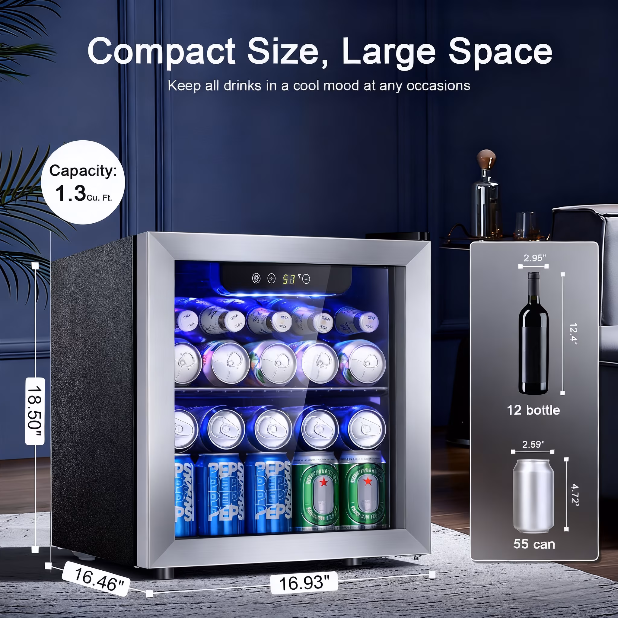 Auseo 55-Can Mini Beverage Refrigerator Cooler - 1.3 Cu.ft.Mini Fridge with Stainless Steel Glass Door, for Home/Office/Bar, Electronic Temperature Control - Image 2