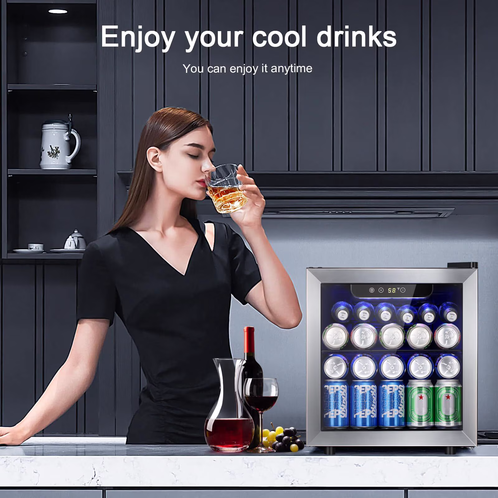 Auseo 55-Can Mini Beverage Refrigerator Cooler - 1.3 Cu.ft.Mini Fridge with Stainless Steel Glass Door, for Home/Office/Bar, Electronic Temperature Control - Image 3