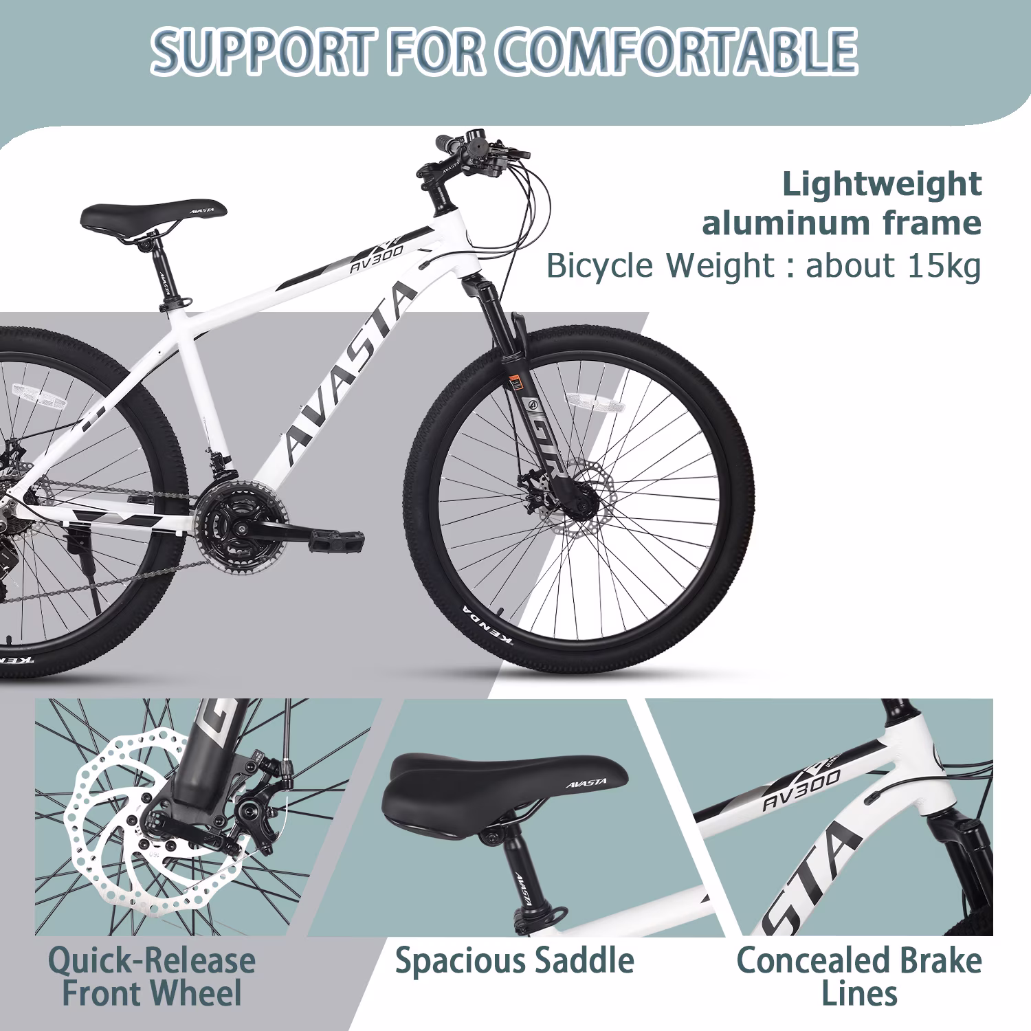 AVASTA AV300 27.5 inch Mountain Bike with 21-Speed,Aluminum Frame, Dual Disc Brake, Comfortable Saddle,White - Image 5