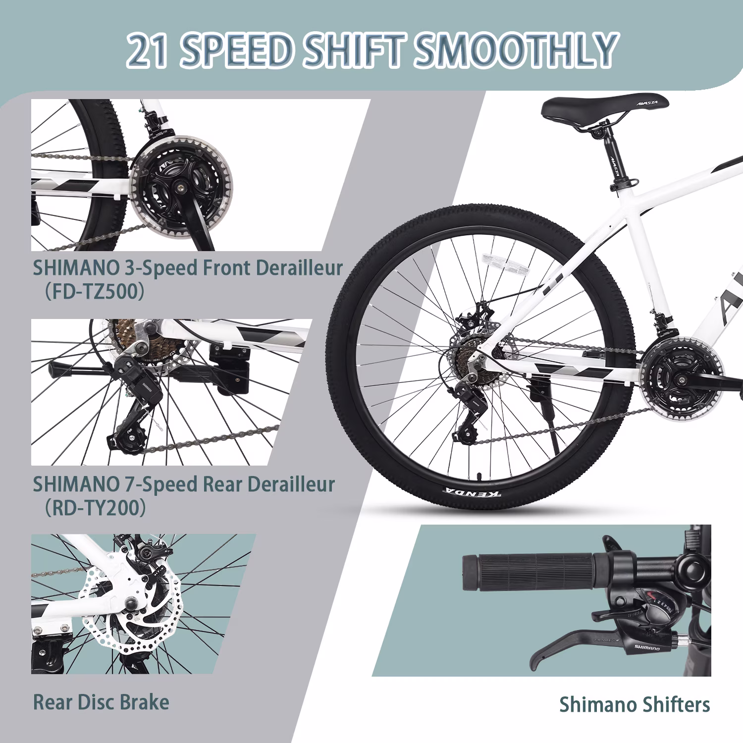 AVASTA AV300 27.5 inch Mountain Bike with 21-Speed,Aluminum Frame, Dual Disc Brake, Comfortable Saddle,White - Image 2