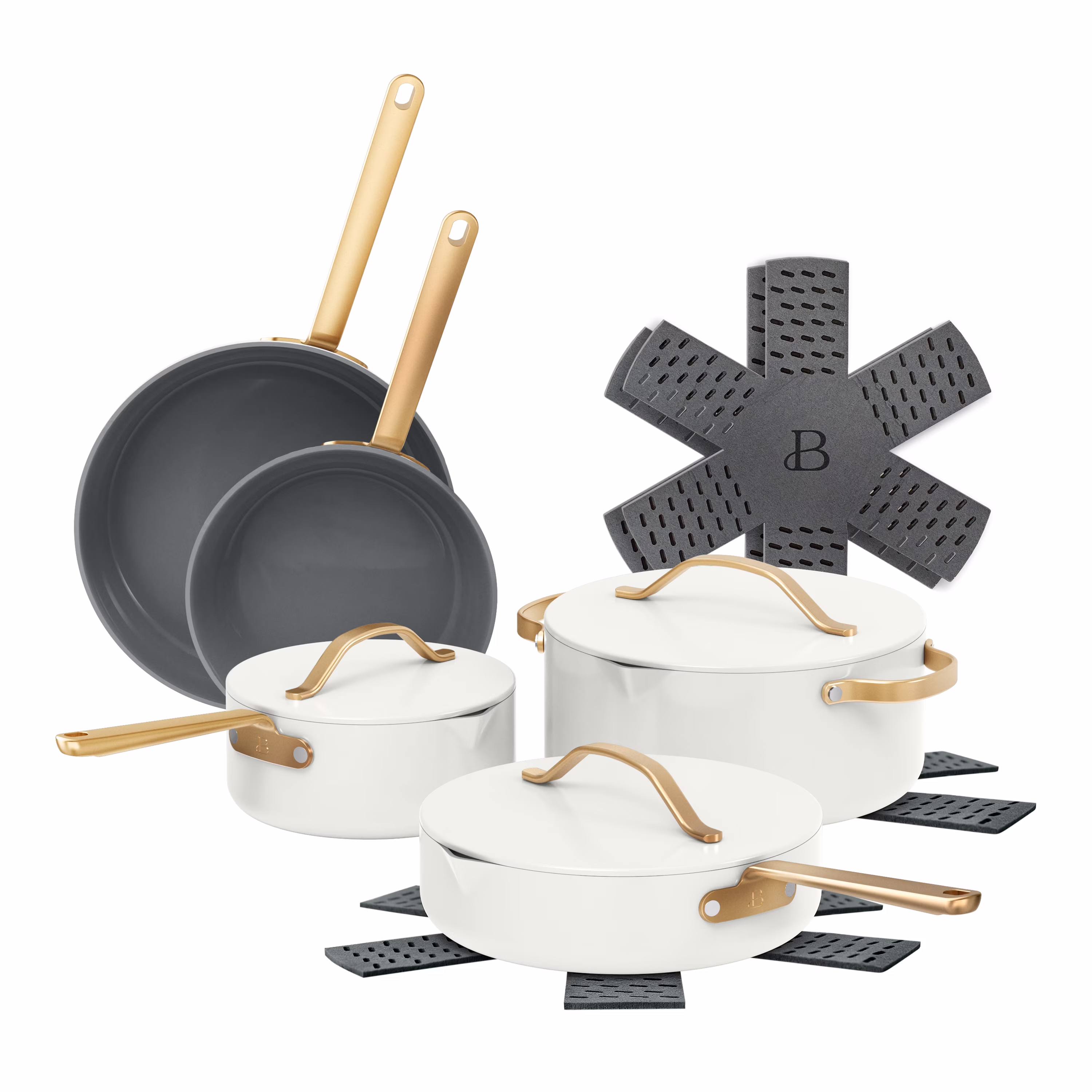 Beautiful 12-Piece Cookware Set, Pots and Pans with Strainer Lids and EverGood Ceramic Nonstick Coating, White Icing by Drew Barrymore