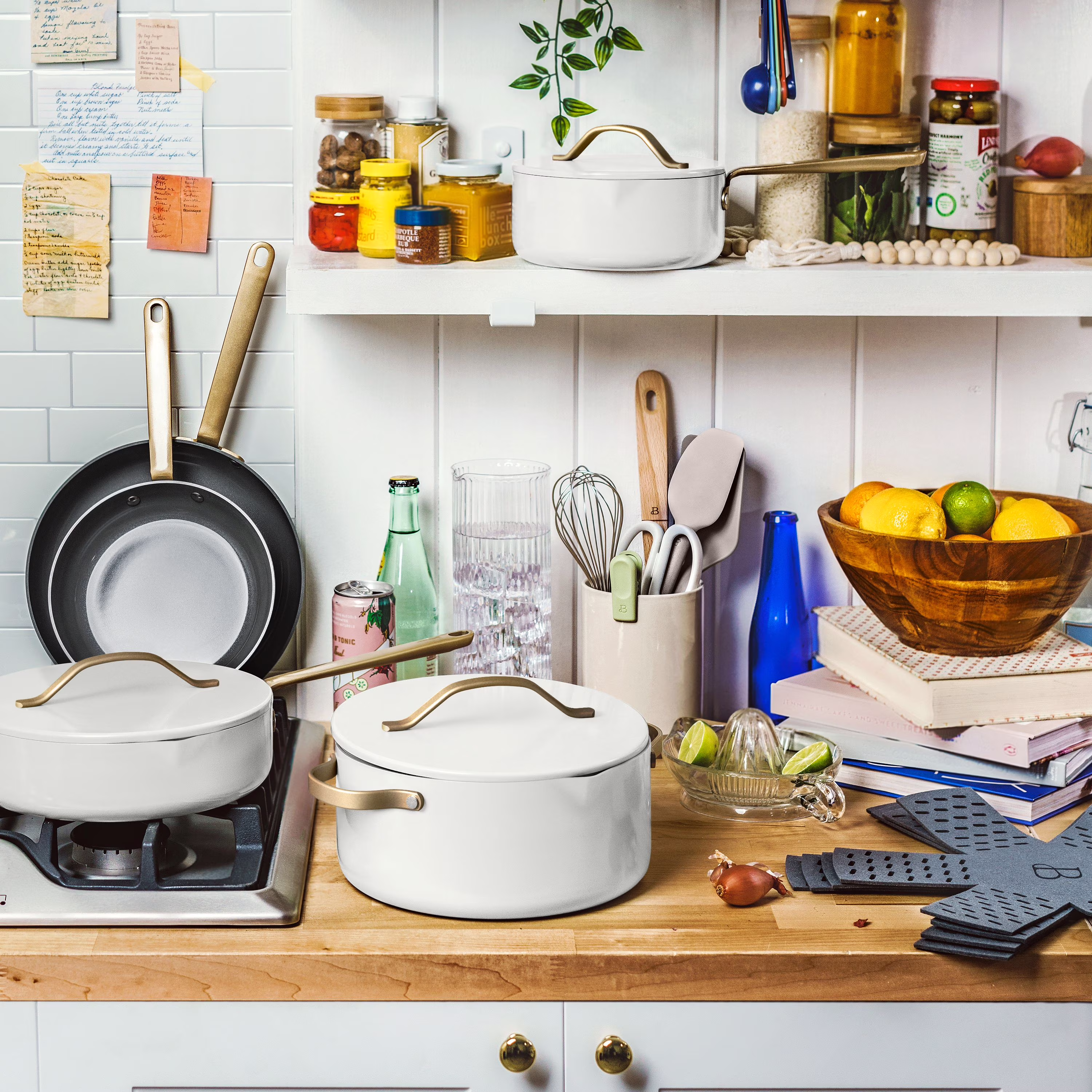 Beautiful 12-Piece Cookware Set, Pots and Pans with Strainer Lids and EverGood Ceramic Nonstick Coating, White Icing by Drew Barrymore - Image 5