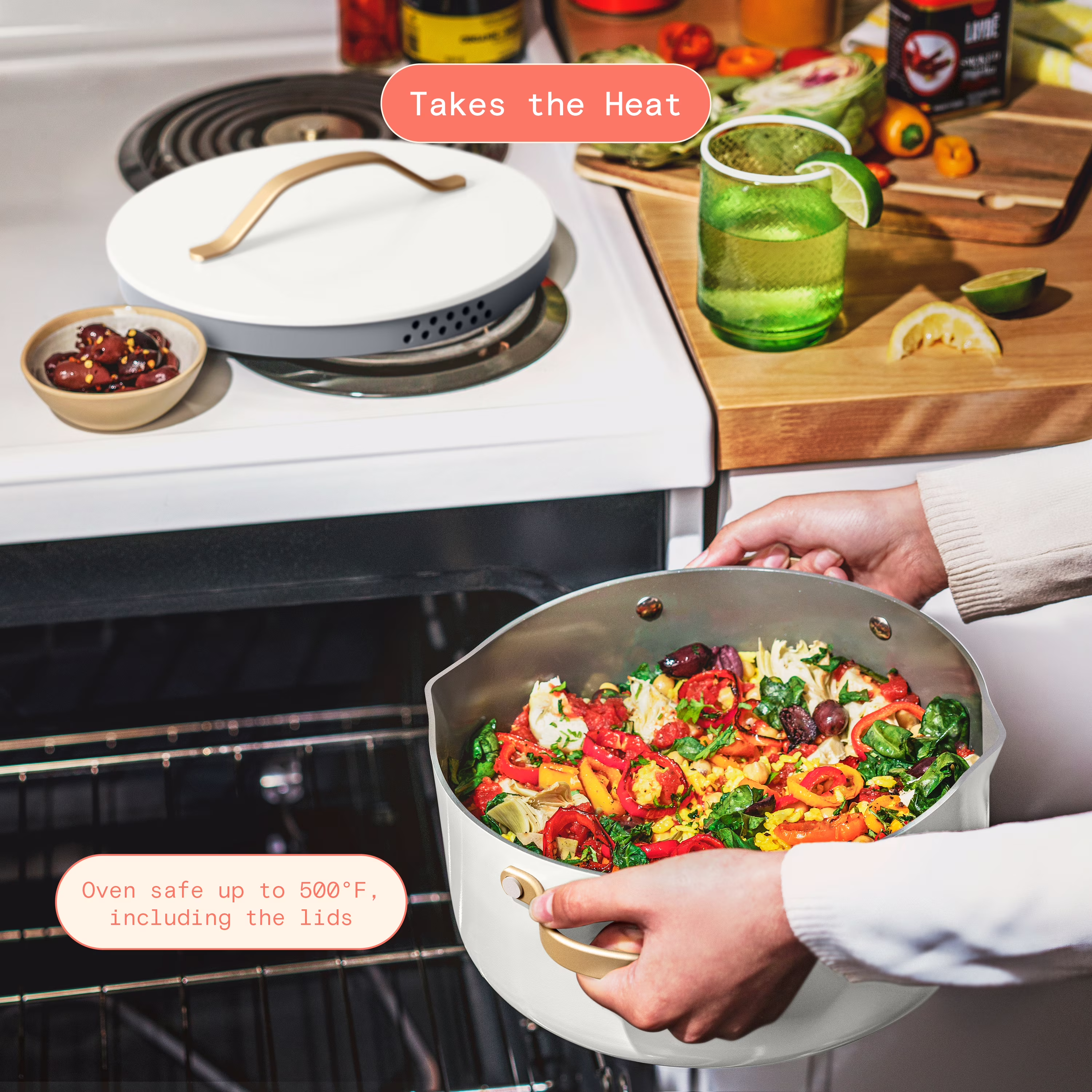 Beautiful 12-Piece Cookware Set, Pots and Pans with Strainer Lids and EverGood Ceramic Nonstick Coating, White Icing by Drew Barrymore - Image 3