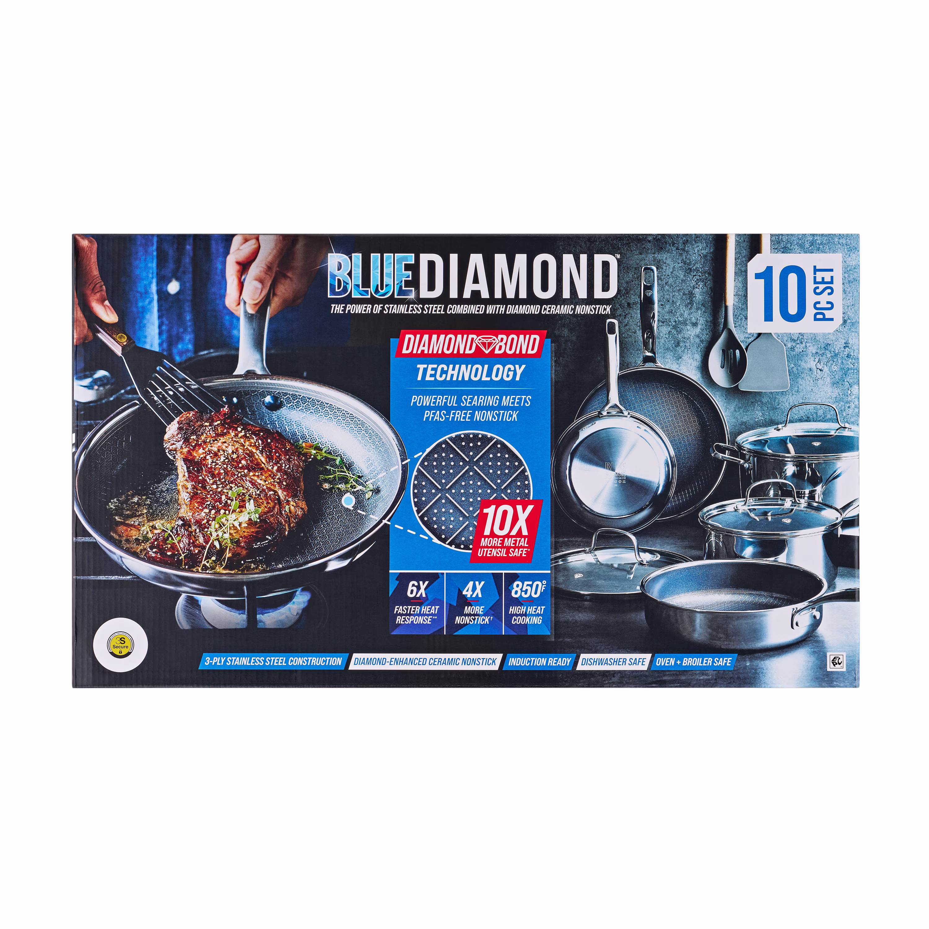 Blue Diamond 10-Piece Diamond-Bond Hybrid Nonstick Ceramic Stainless Steel Cookware Set, Dishwasher Safe - Image 4