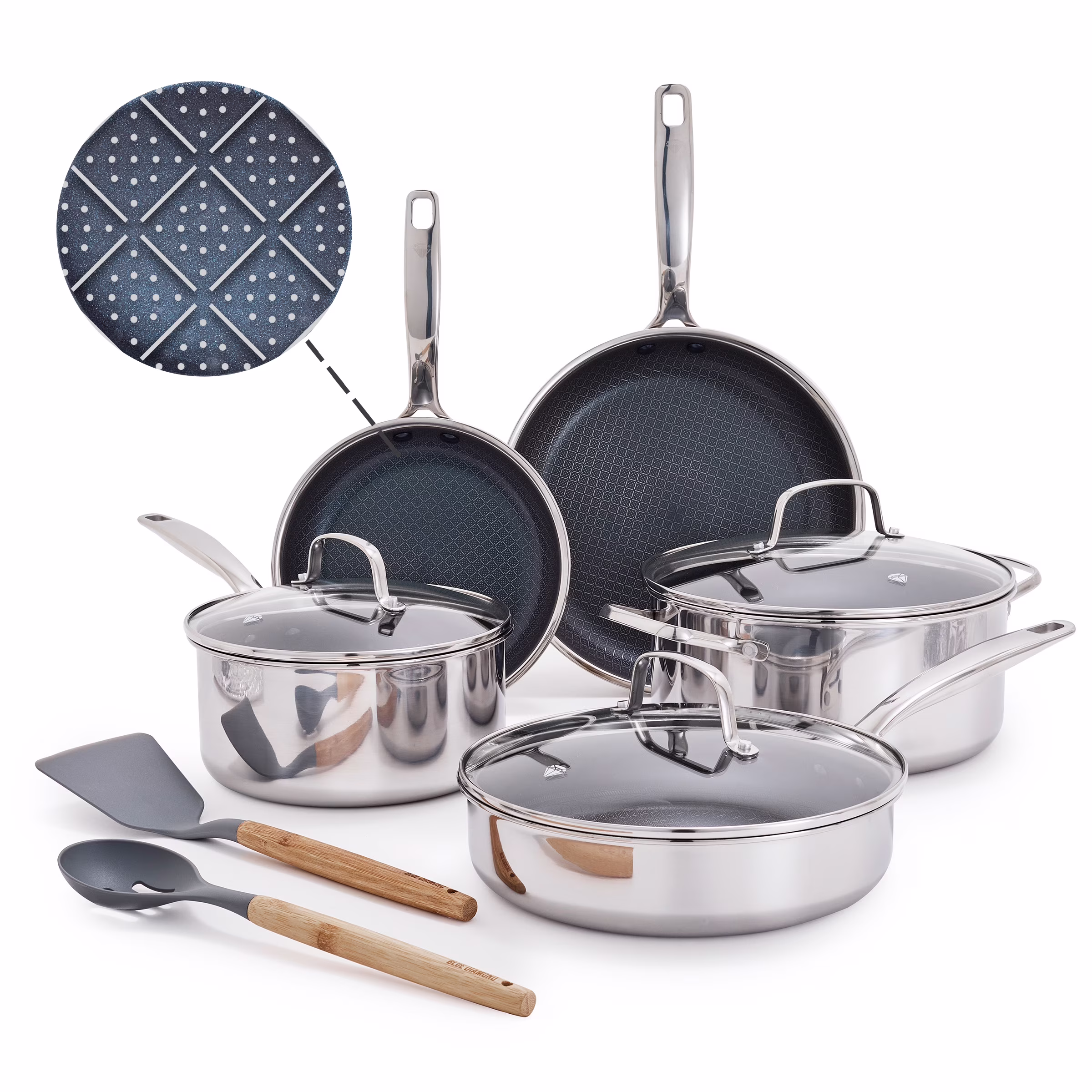 Blue Diamond 10-Piece Diamond-Bond Hybrid Nonstick Ceramic Stainless Steel Cookware Set, Dishwasher Safe