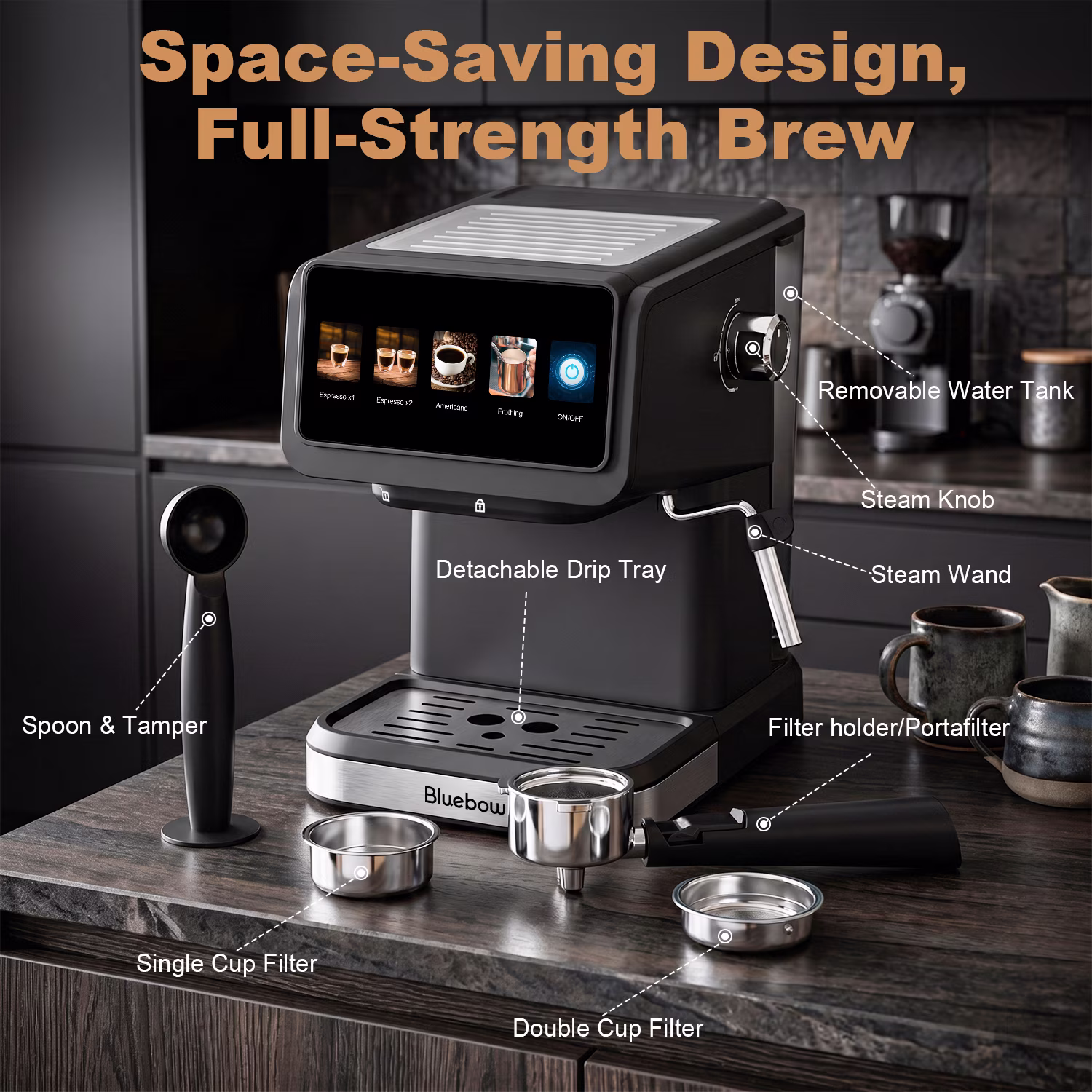 Bluebow Espresso Machine, 20 Bar Coffee Machine with Milk Frother Steam Wand, Coffee Maker for Home- Americano Cappuccino Latte - Image 5