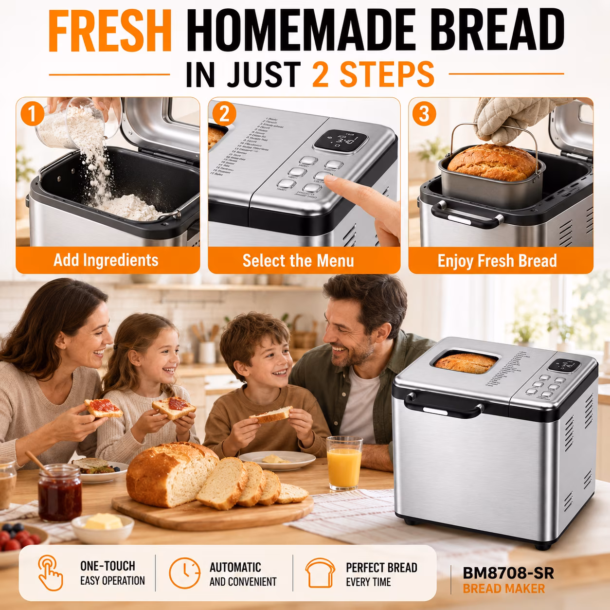 Bread Maker, 17-in-1 2LB Amumu Automatic Bread Machine, LCD Display, Beginner-Friendly Controls, Nonstick Pan, Delay Timer, Keep Warm, Stainless Steel, Silver - Image 3