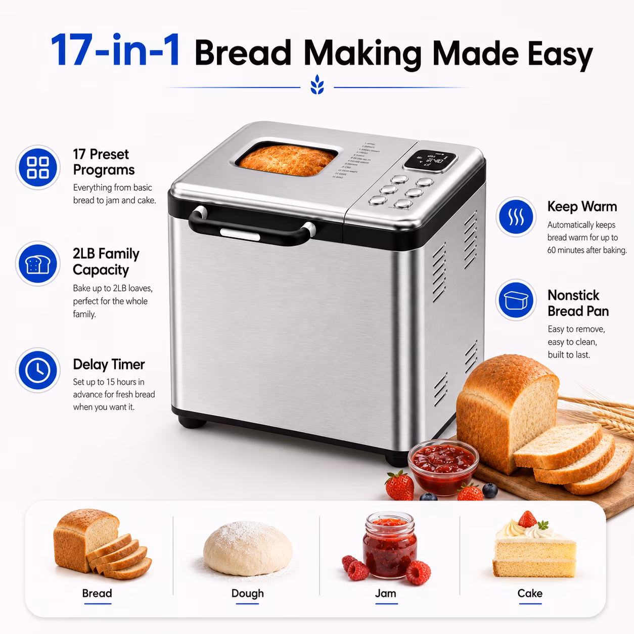Bread Maker, 17-in-1 2LB Amumu Automatic Bread Machine, LCD Display, Beginner-Friendly Controls, Nonstick Pan, Delay Timer, Keep Warm, Stainless Steel, Silver - Image 5