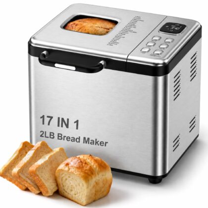 Bread Maker, 17-in-1 2LB Amumu Automatic Bread Machine, LCD Display, Beginner-Friendly Controls, Nonstick Pan, Delay Timer, Keep Warm, Stainless Steel, Silver