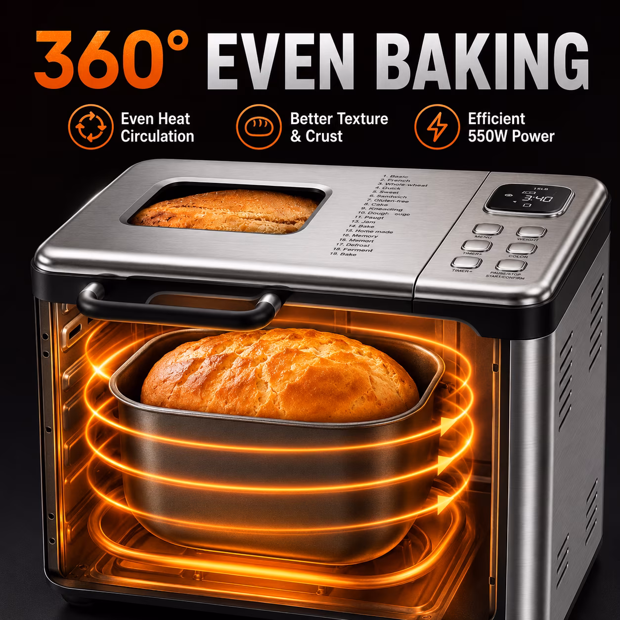 Bread Maker, 17-in-1 2LB Amumu Automatic Bread Machine, LCD Display, Beginner-Friendly Controls, Nonstick Pan, Delay Timer, Keep Warm, Stainless Steel, Silver - Image 4