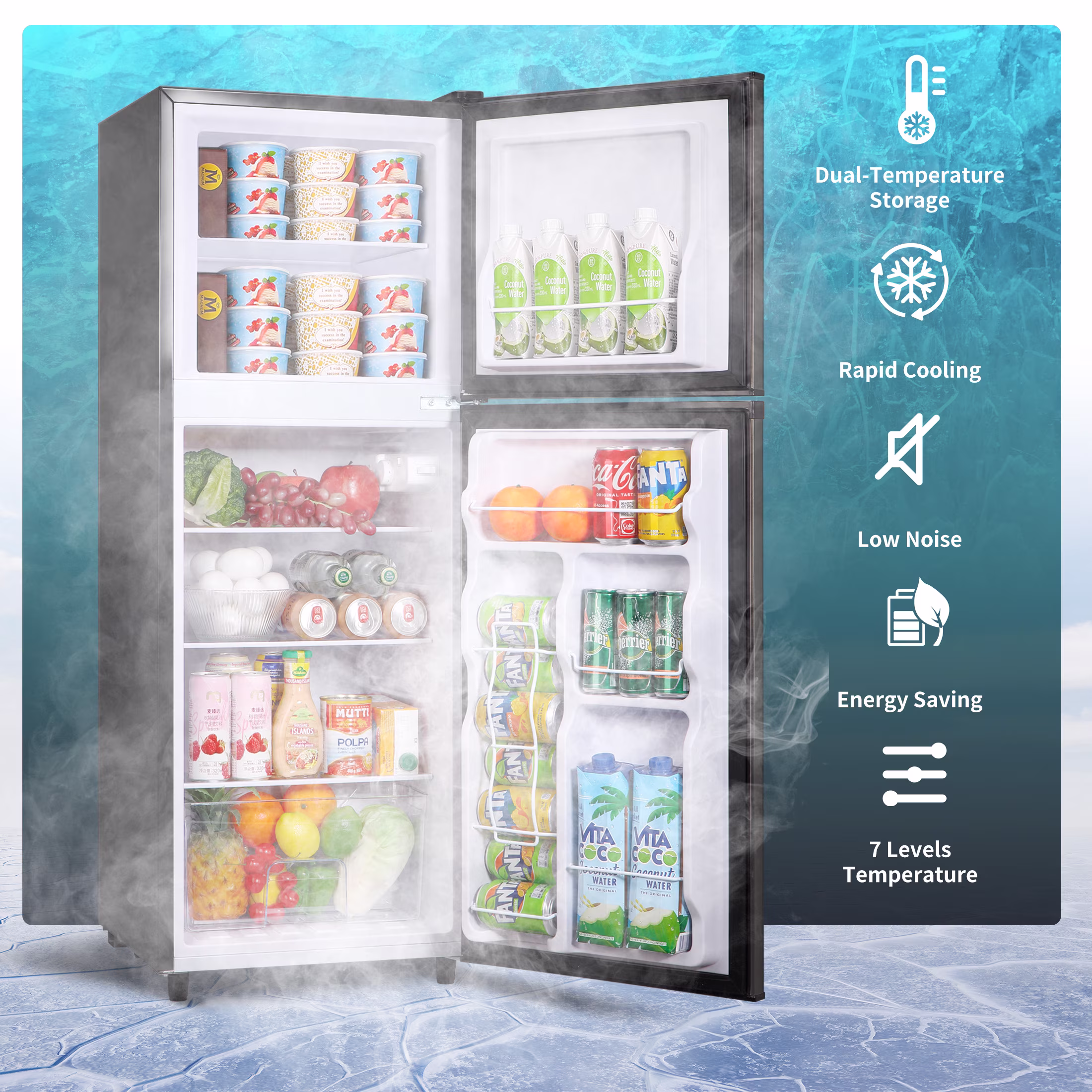 CALLIEVER 2-Door Mini Fridge with Freezer,5.0 Cu.Ft Compact Refrigerator for Dorm,Bedroom,Office–7-Level Temp Control,Reversible Door,Black - Image 4