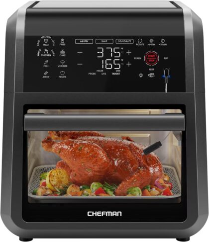 Chefman 12 Qt. Air Fryer 5 Functions w/ Integrated Smart Thermometer, 28 Presets, Black