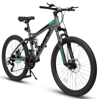 Cirayno 24" Mountain Bikes for Men, 21 Speed Disc Brake MTB with Full Suspension, Comfort Steel Frame City Commuter Bicycle for Adults, Gray